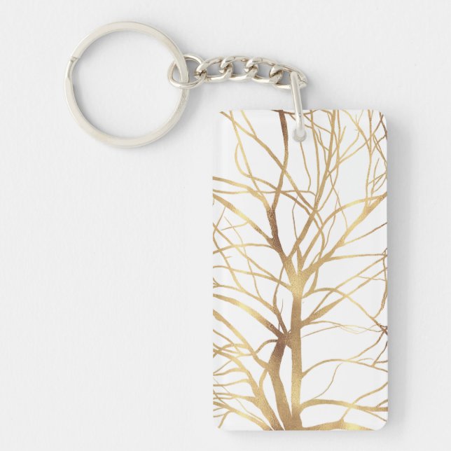 Modern Gold Tree Silhouette Minimal White Design Keychain (Front)