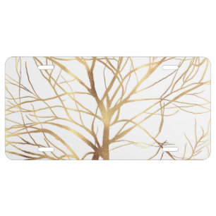 Modern Gold Tree Silhouette Minimal White Design License Plate