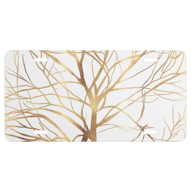 Modern Gold Tree Silhouette Minimal White Design License Plate (Front)
