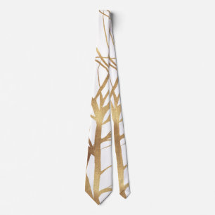 Modern Gold Tree Silhouette Minimal White Design Neck Tie