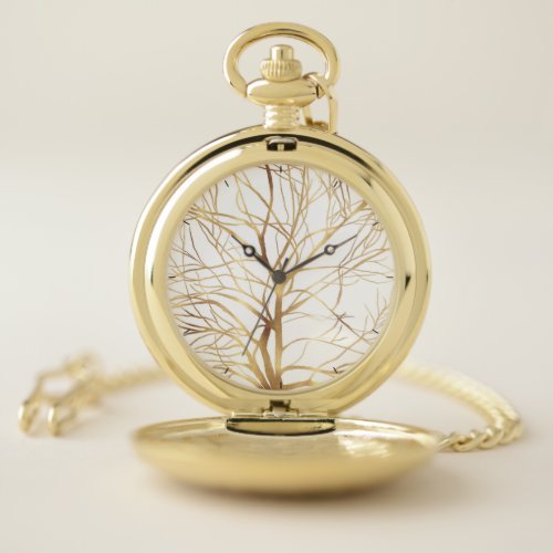 Modern Gold Tree Silhouette Minimal White Design Pocket Watch