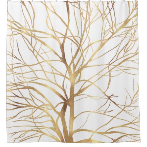 Modern Gold Tree Silhouette Minimal White Design Shower Curtain
