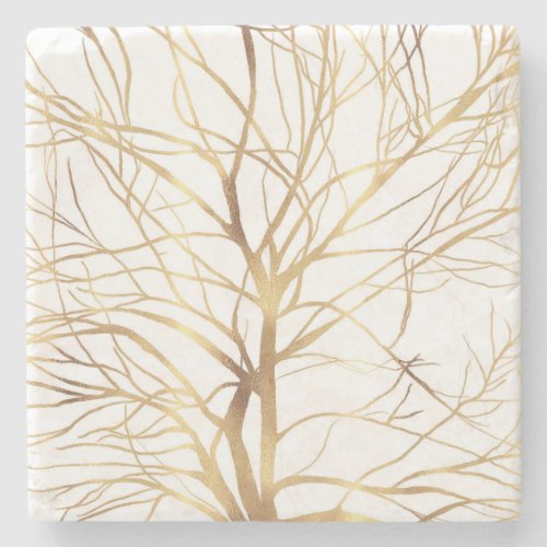 Modern Gold Tree Silhouette Minimal White Design Stone Coaster