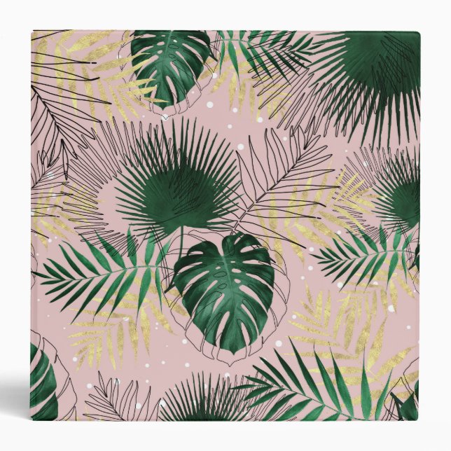 Modern gold tropical leaves and doddles design 3 ring binder (Front)