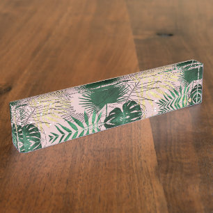 Modern gold tropical leaves and doddles design desk name plate