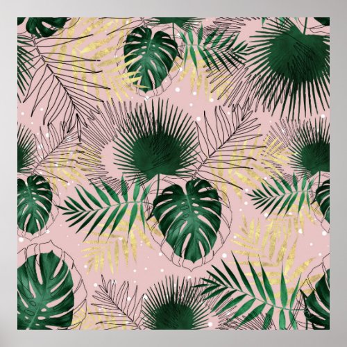 Modern gold tropical leaves and doddles design poster