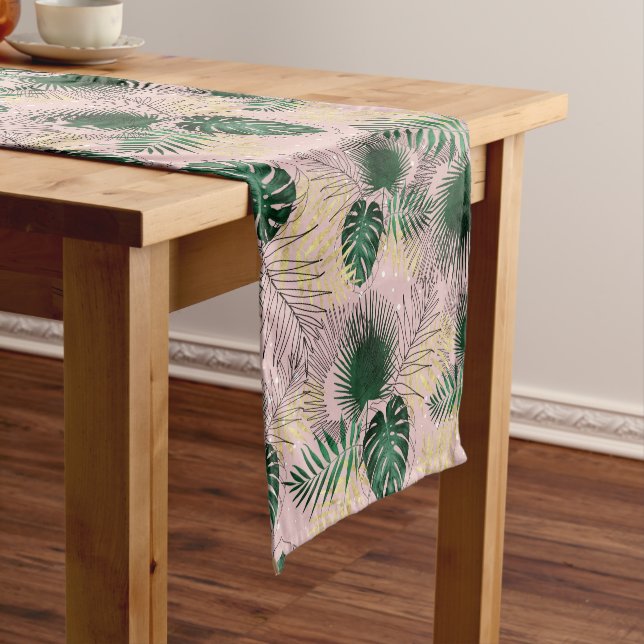 Modern gold tropical leaves and doddles design short table runner (In Situ)