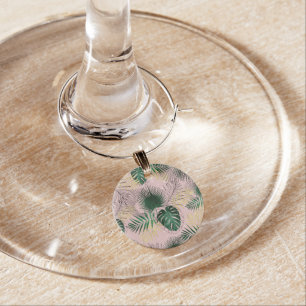 Modern gold tropical leaves and doddles design wine charm