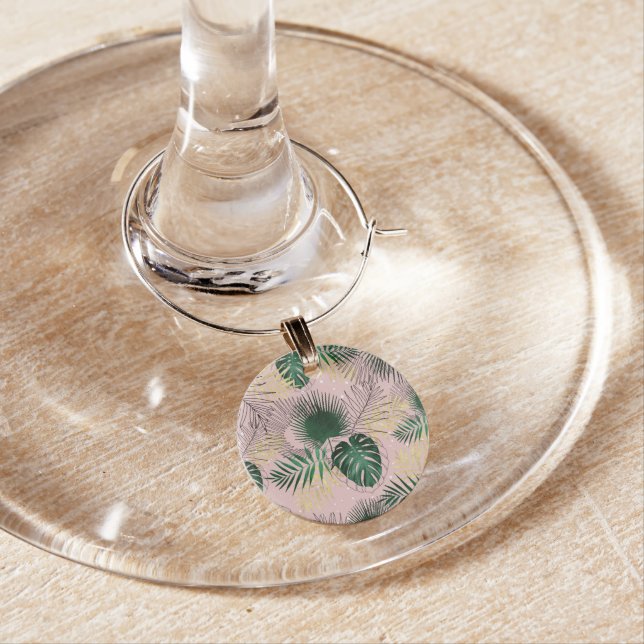 Modern gold tropical leaves and doddles design wine charm (In Situ)