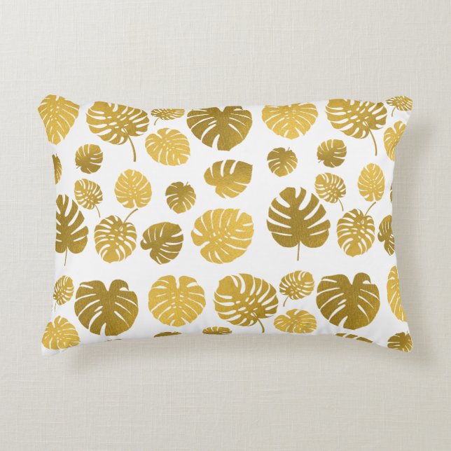 Modern Gold Tropical Leaves Pattern Accent Pillow (Front)