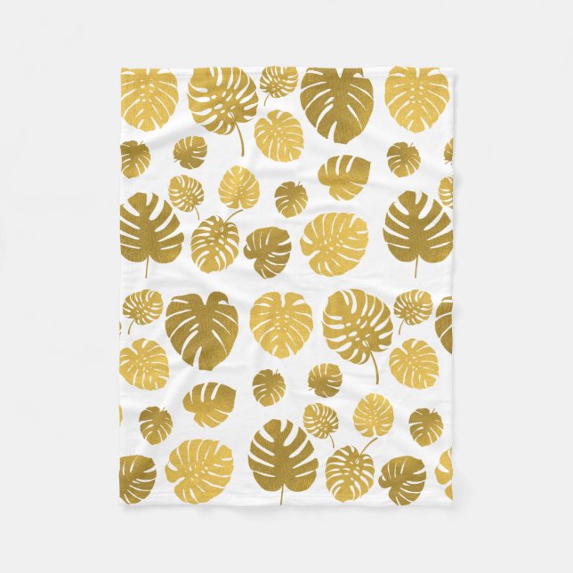 Modern Gold Tropical Leaves Pattern  Fleece Blanket (Front)