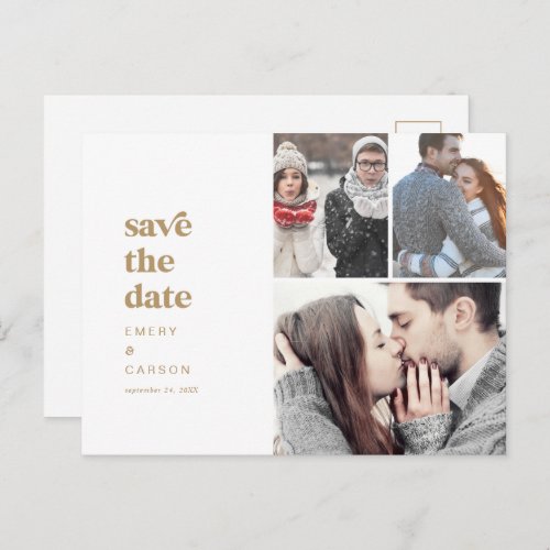 Modern Gold Typography 3 Photo Save the Date Invitation Postcard