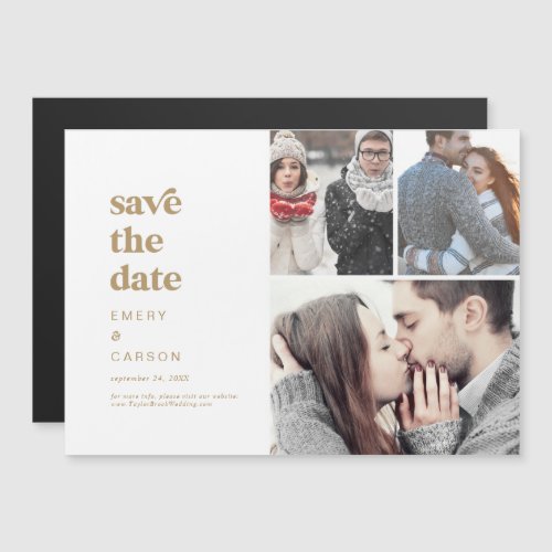 Modern Gold Typography 3 Photo Save the Date Magnetic Invitation