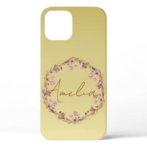 Modern gold typography floral monogram name iPhone 12 case