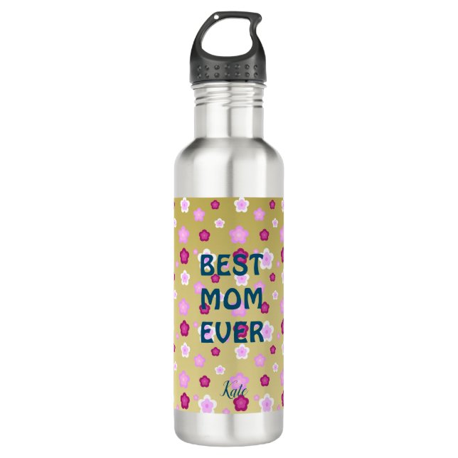 Modern gold typography floral monogram name stainless steel water bottle (Front)