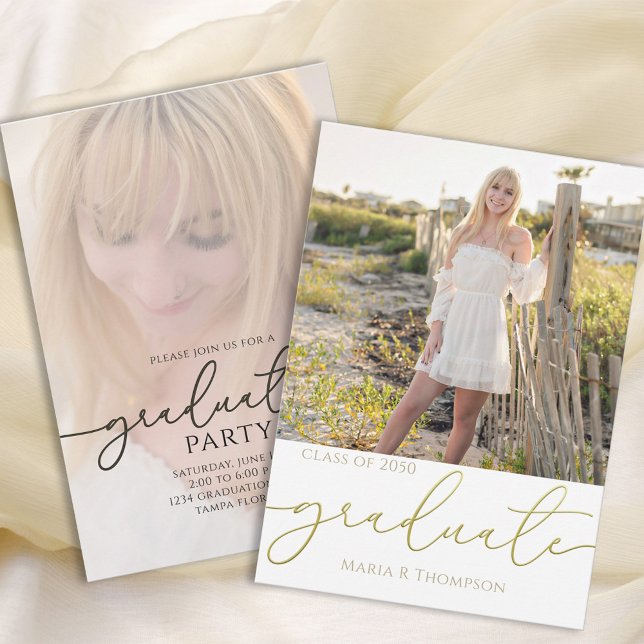 Modern Gold Typography Graduation Script Invitation (Modern gold typography graduation invitation with sleek minimalist design.)