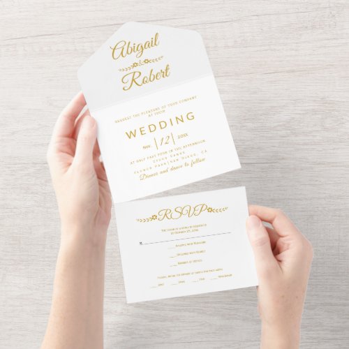 Modern gold typography on white wedding all in one invitation