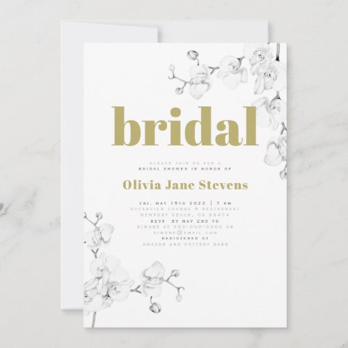 Modern Gold Typography Orchid Floral Bridal Shower Invitation