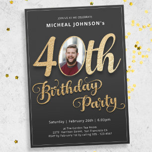 Modern Gold Typography Photo 40th Birthday Invitation
