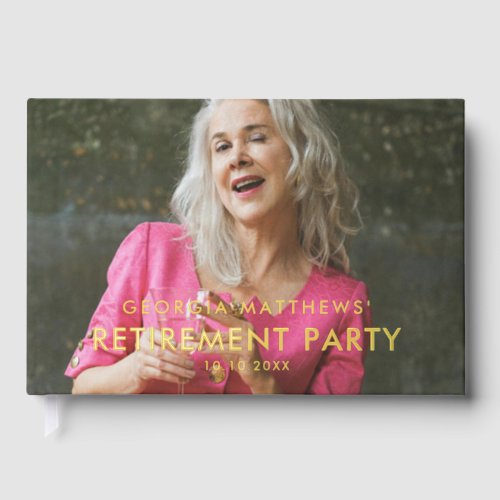 Modern Gold Typography Photo Retirement Party Guest Book