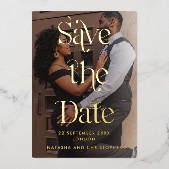 Modern Gold Typography Photo Vellum Save the Date Foil Invitation (Front)