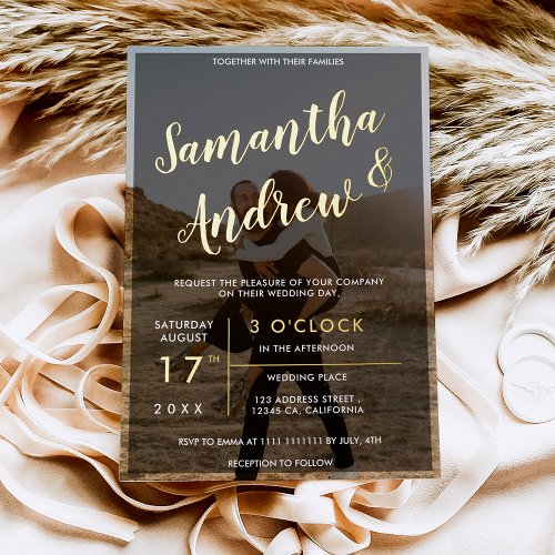 Modern gold typography photo wedding foil invitation