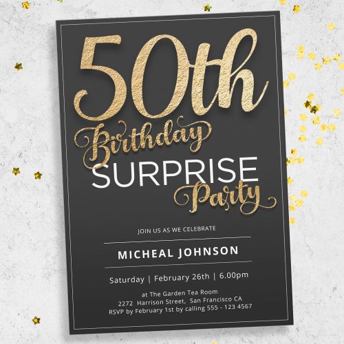 Modern Gold Typography Surprise 50th Birthday Invitation