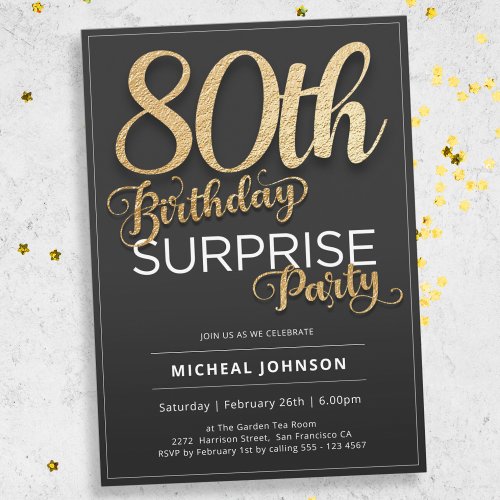 Modern Gold Typography Surprise 80th Birthday  Invitation