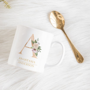 Modern Gold Watercolor Flower Letter A Monogram Coffee Mug