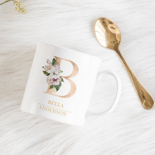 Modern Gold Watercolor Flower Letter B Monogram Coffee Mug