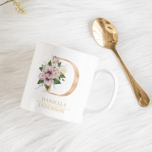 Modern Gold Watercolor Flower Letter D Monogram Coffee Mug