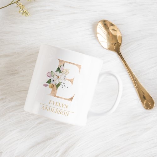 Modern Gold Watercolor Flower Letter E  Monogram  Coffee Mug