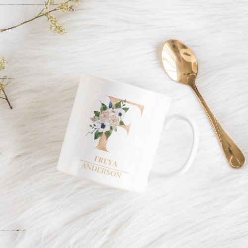 Modern Gold Watercolor Flower Letter F  Monogram  Coffee Mug