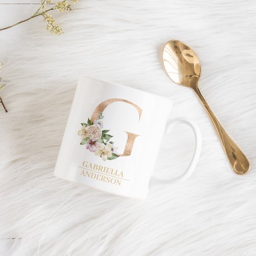 Modern Gold Watercolor Flower Letter G  Monogram  Coffee Mug