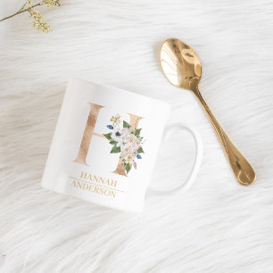 Modern Gold Watercolor Flower Letter H Monogram Coffee Mug