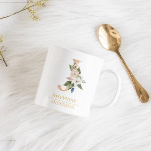 Modern Gold Watercolor Flower Letter J Monogram Coffee Mug