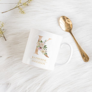 Modern Gold Watercolor Flower Letter K Monogram Coffee Mug
