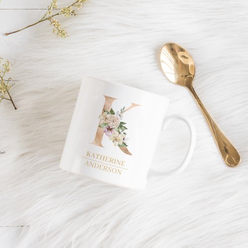Modern Gold Watercolor Flower Letter K  Monogram  Coffee Mug