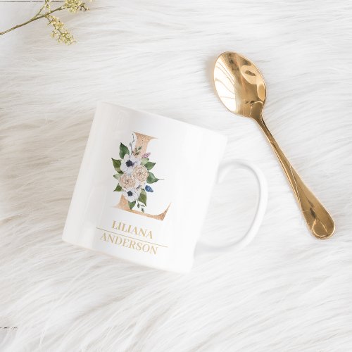 Modern Gold Watercolor Flower Letter L  Monogram  Coffee Mug