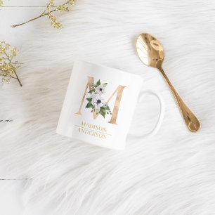 Modern Gold Watercolor Flower Letter M Monogram Coffee Mug