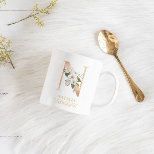 Modern Gold Watercolor Flower Letter N Monogram Coffee Mug