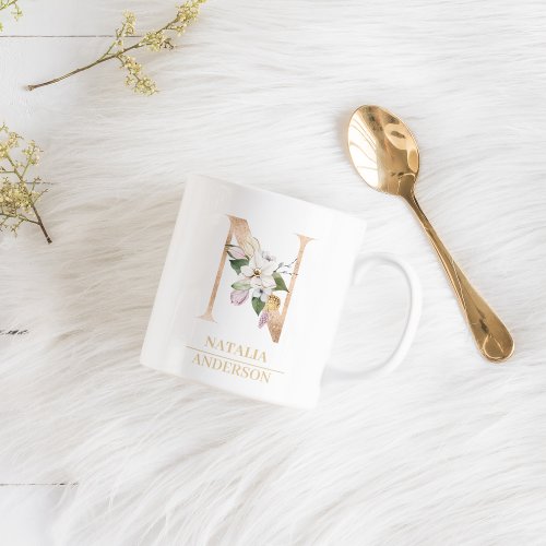 Modern Gold Watercolor Flower Letter N  Monogram  Coffee Mug