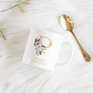 Modern Gold Watercolor Flower Letter P Monogram Coffee Mug