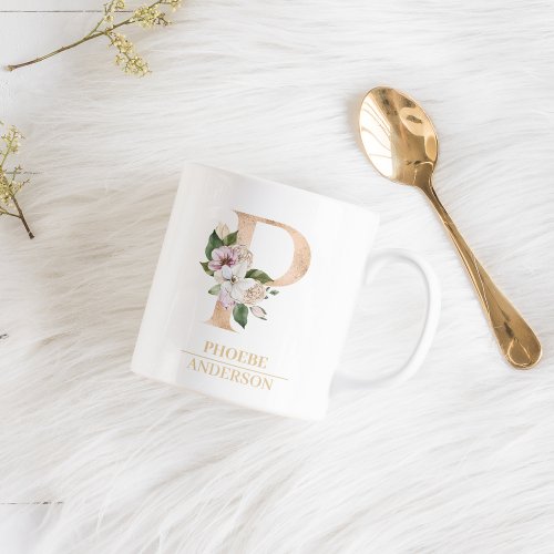 Modern Gold Watercolor Flower Letter P  Monogram  Coffee Mug