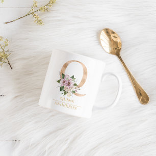 Modern Gold Watercolor Flower Letter Q Monogram Coffee Mug