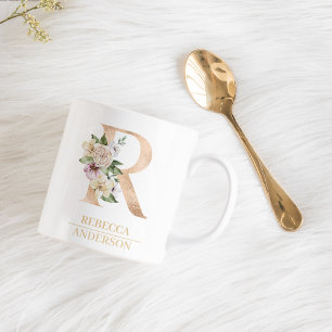 Modern Gold Watercolor Flower Letter R Monogram Coffee Mug