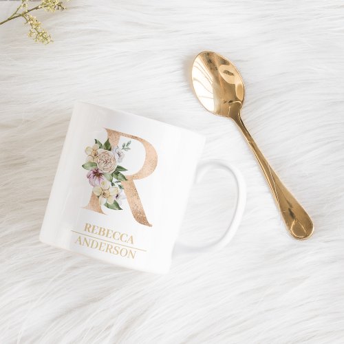 Modern Gold Watercolor Flower Letter R  Monogram  Coffee Mug