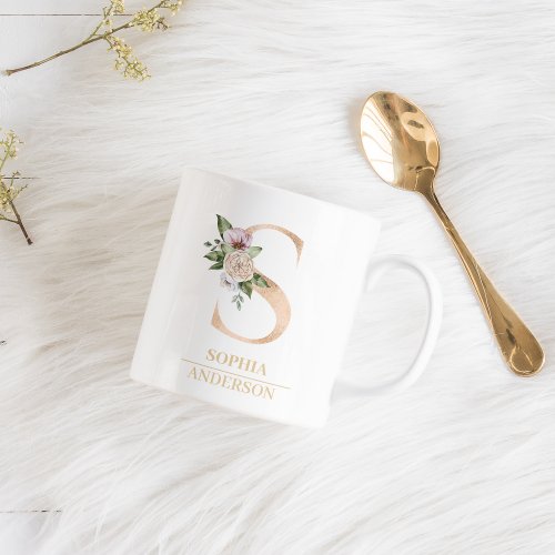 Modern Gold Watercolor Flower Letter S  Monogram  Coffee Mug