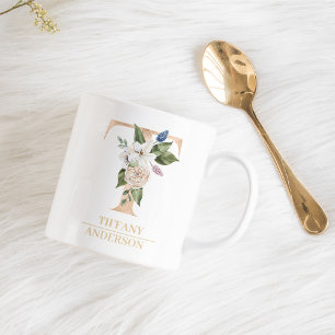 Modern Gold Watercolor Flower Letter T Monogram Coffee Mug