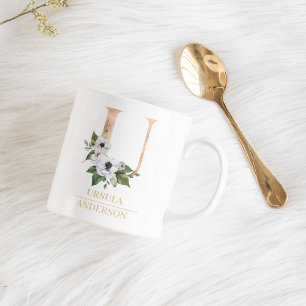 Modern Gold Watercolor Flower Letter U Monogram Coffee Mug